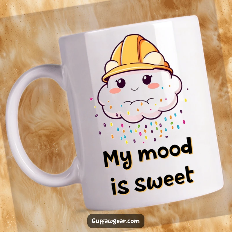 Funny Mug featuring a cloud character with a construction helmet, raining colorful sprinkles, bringing cheerful and whimsical vibes.