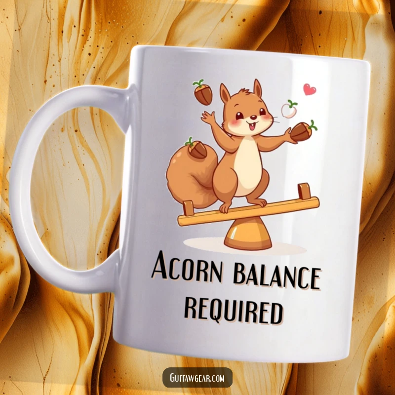 Funny mug showing a squirrel expertly juggling acorns while precariously balancing on a seesaw.
