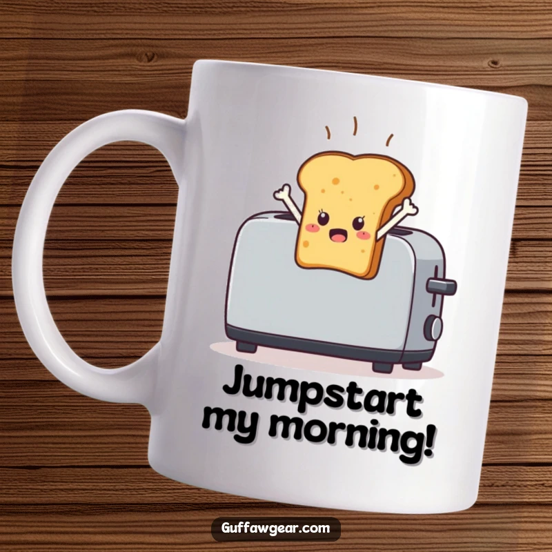 Funny Toast Mug: A startled piece of toast character leaping dramatically out of a toaster, representing morning energy.