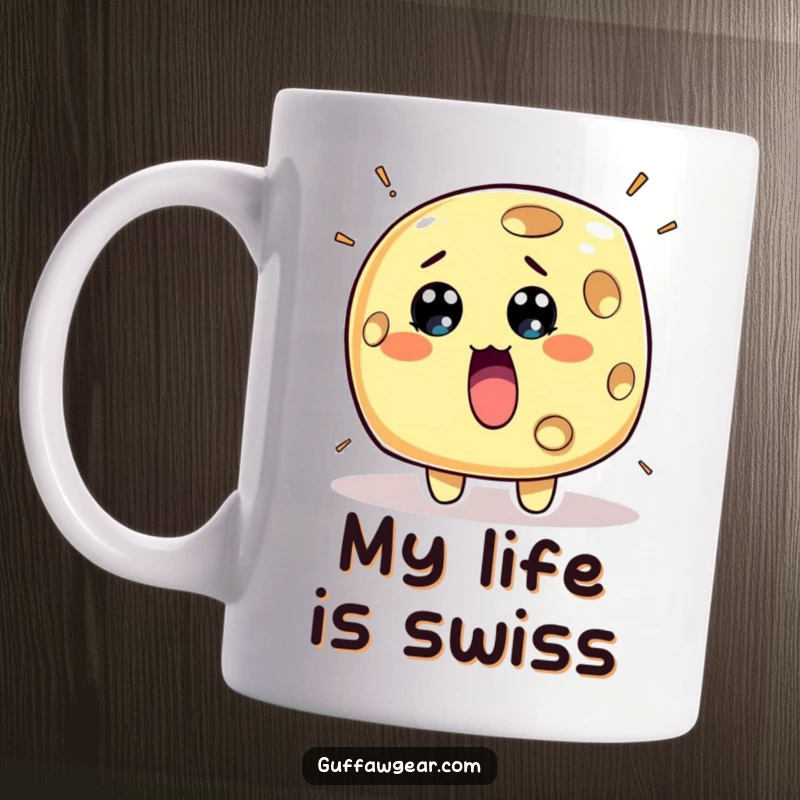 Funny Cheese Mug: A surprised piece of cheese character with holes rapidly appearing, a comical food reaction.