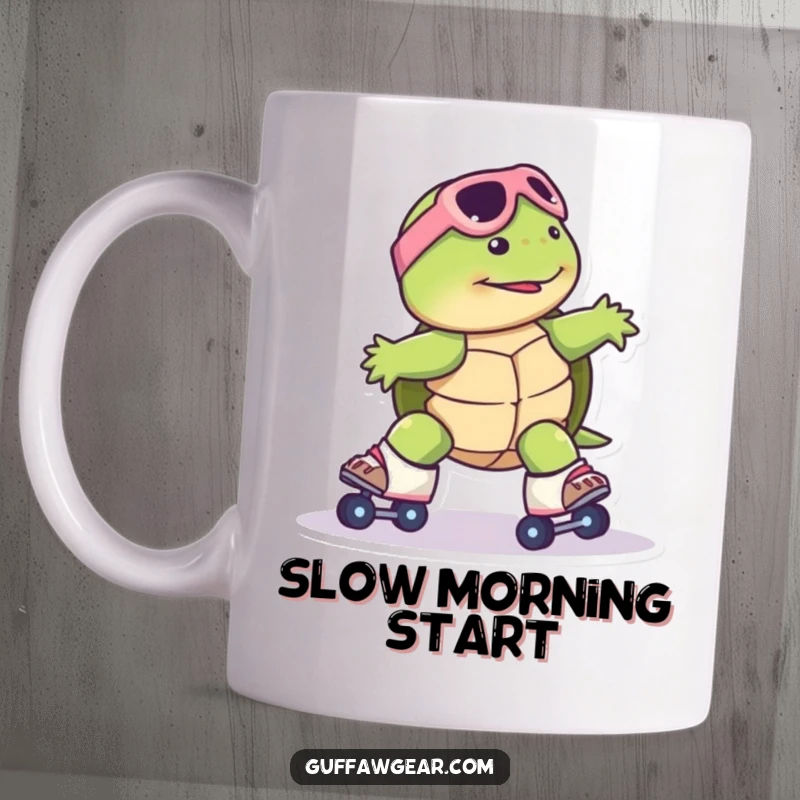 Funny Turtle Roller Skate Mug: A turtle comically tries to wear roller skates and slides uncontrollably, a symbol of fun failure.