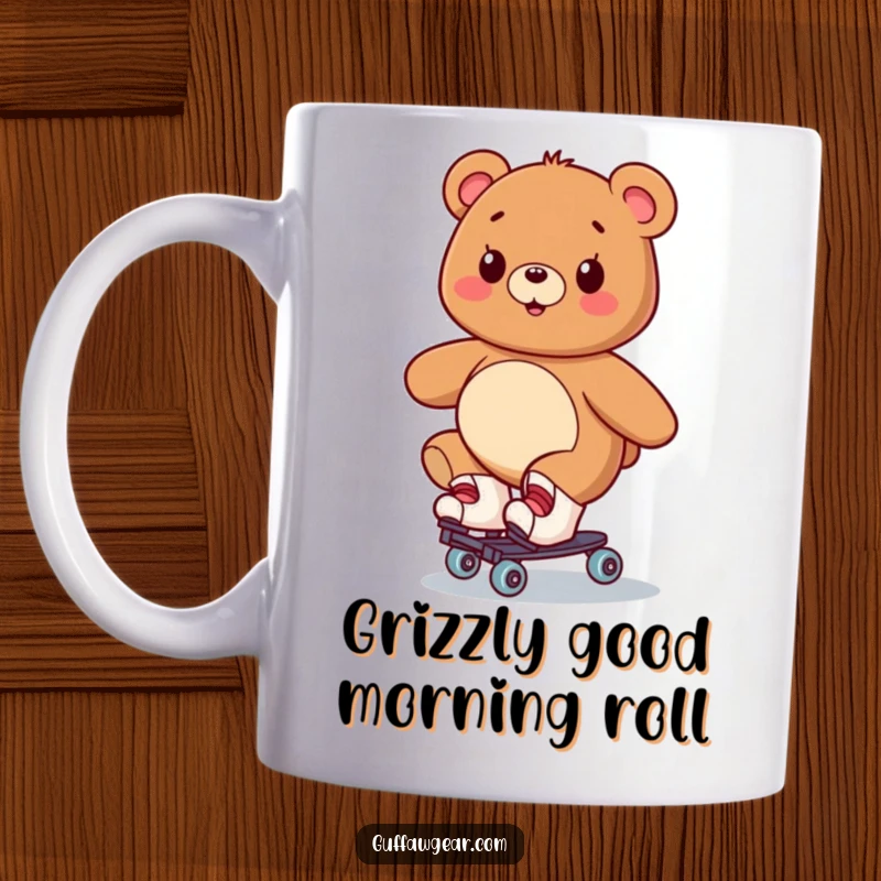 Funny mug showing a smiling bear on roller skates, wobbling uncontrollably but looking happy.