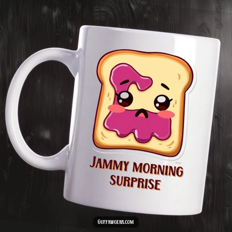 Funny piece of toast with jam running down its face, looking startled on a ceramic mug.