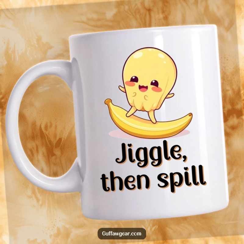 Funny mug depicting a jiggly jelly character hilariously slipping on a minuscule banana peel, expressing pure comical surprise.