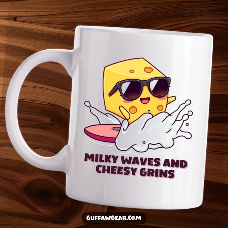 Funny Kawaii cheese wearing sunglasses surfs a milk wave with joy, perfect for coffee lovers and a hilarious gift idea.