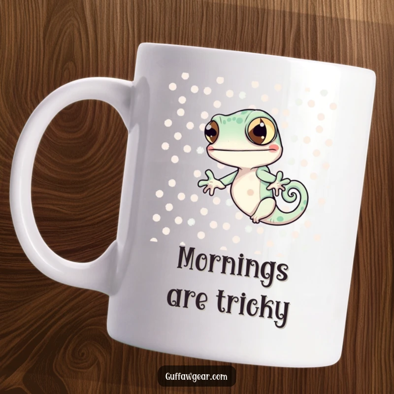 Funny Chameleon Blend Fail Mug: A chameleon hilariously fails to match a polka-dot pattern, showcasing a comical camouflage error.