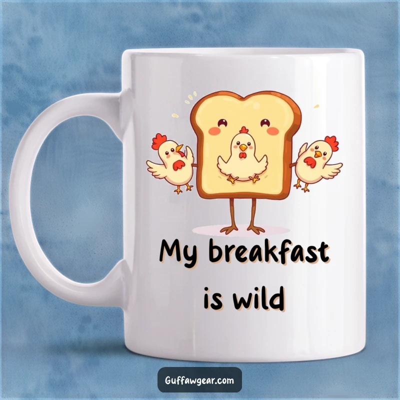 Funny Mug with a slice of toast on legs, excitedly juggling three rubber chickens, bringing breakfast-time humor and fun.