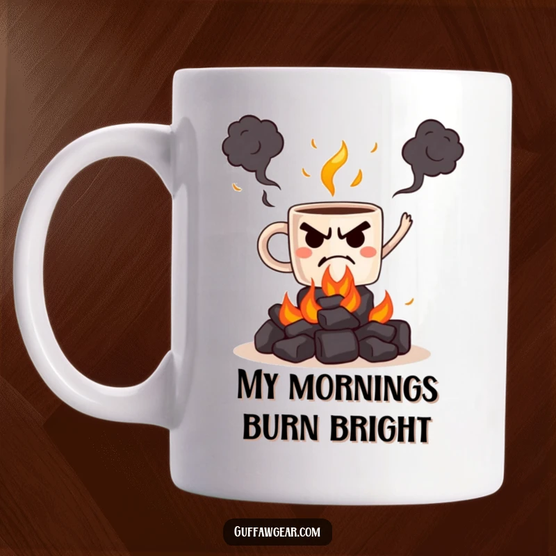 Funny mug depicting a grumpy coffee cup precariously juggling glowing hot coals, a hazardous and comical sight.