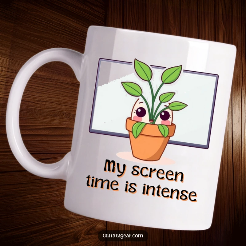 Funny mug showing a surprised potted plant peeking over a computer monitor, expressing silent amusement and office solidarity.