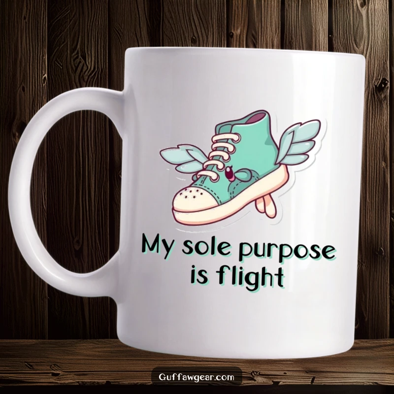 Funny shoe character comically attempting to fly with mismatched wings on a mug, symbolizing ambitious efforts and humorous failure.