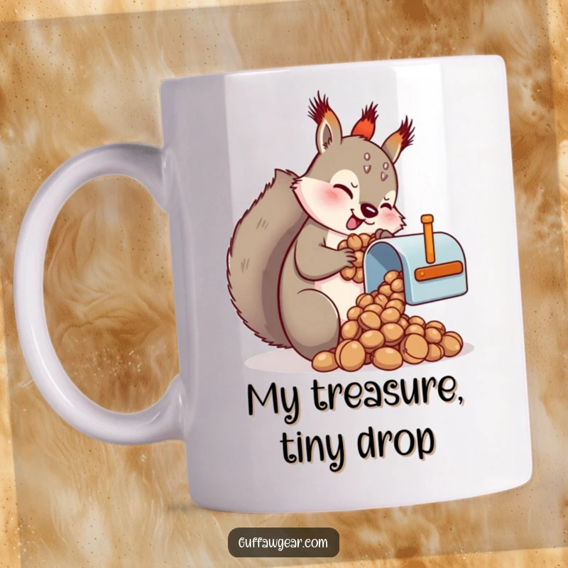 Funny Squirrel Mug: A determined squirrel comically tries to cram a large pile of nuts into a ridiculously small mailbox.