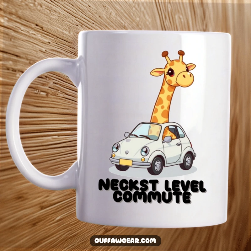 Funny mug showing a giraffe awkwardly crammed into a miniature car, expressing comical space constraints and relatable struggles.