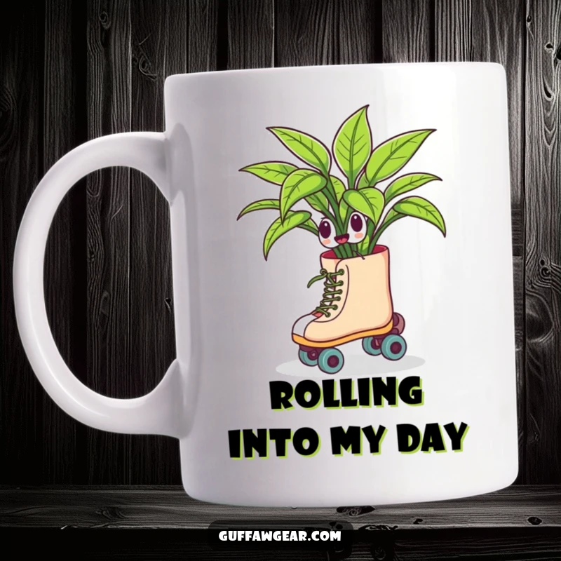 Funny mug showing a houseplant wearing roller skates, comically swerving and losing balance with a look of hilarious determination.