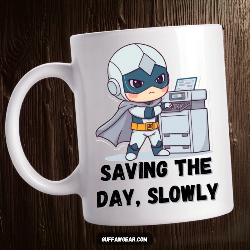 Funny mug showing a superhero in costume awkwardly trying to fix a jammed printer, looking confused and defeated, a humorous take on ordinary problems.