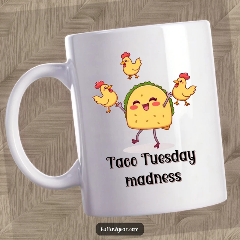 Funny mug showing a lively taco character on legs enthusiastically juggling three squeaky rubber chickens with zest.