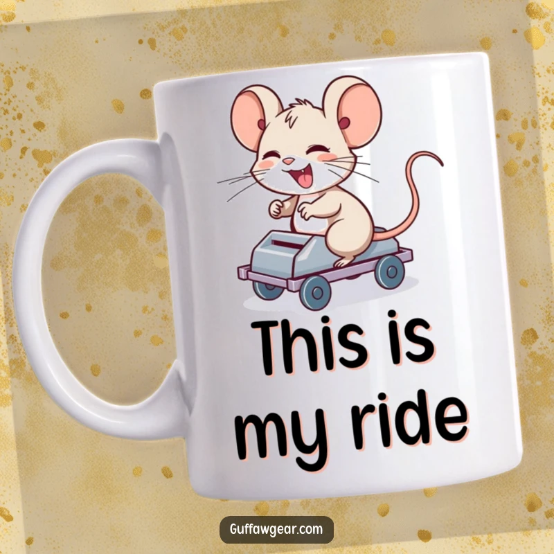 Funny Computer Mouse Mug: A giggling computer mouse happily riding a rolling mouse trap, a comical tech scene.