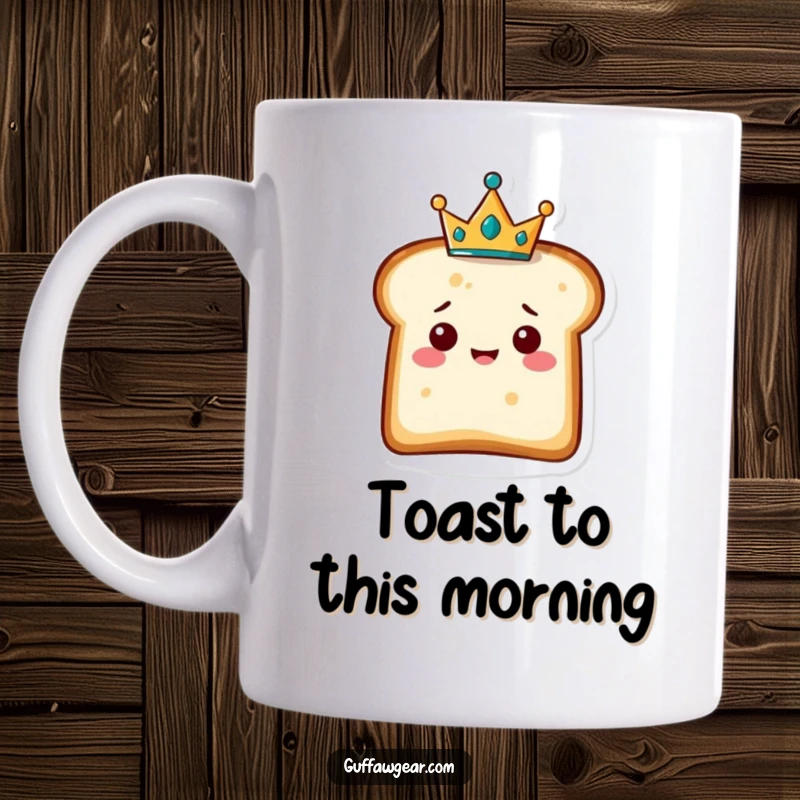 Funny mug showing a delighted slice of bread character wearing a tiny, regal crown, exuding playful royalty.