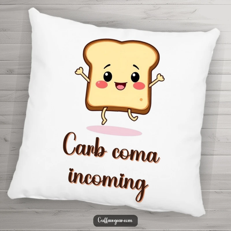 Funny slice of toast with legs doing a frantic dance, presented as a soft and humorous pillow for adding cheerful vibes.