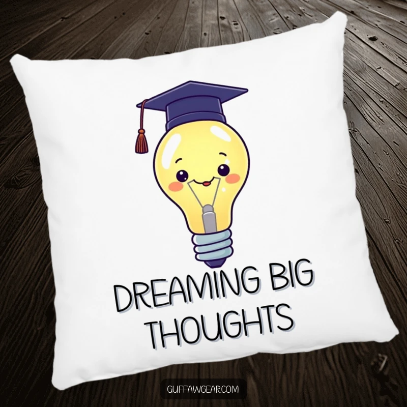 Funny Kawaii pillow featuring a proud lightbulb character with a graduation cap, soft and comfortable.