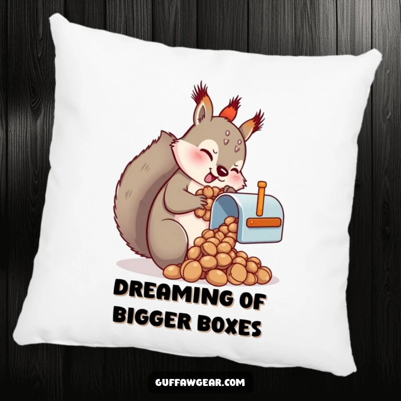 Funny Squirrel Pillow: A determined squirrel comically tries to fit a pile of nuts into a tiny mailbox.