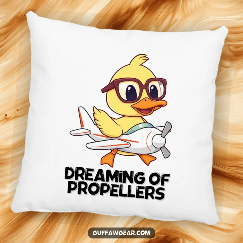 Funny pillow with a duck pilot wearing big glasses, failing comically at flying a small plane, soft and amusing decor.