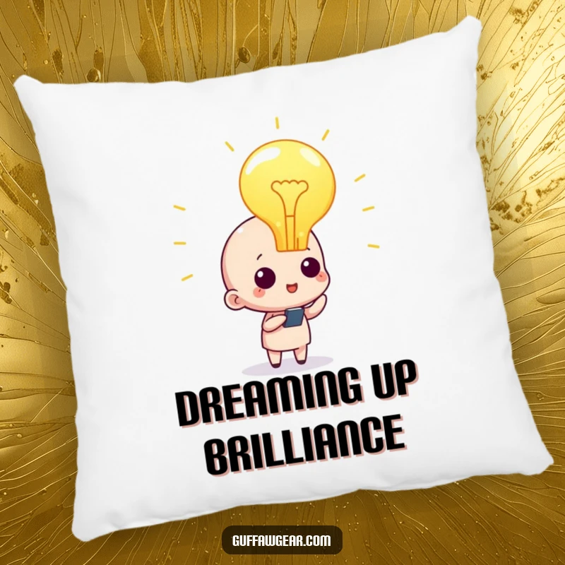 Funny character pillow with a large lightbulb above, symbolizing a moment of inspiration and cozy comfort for creative minds.