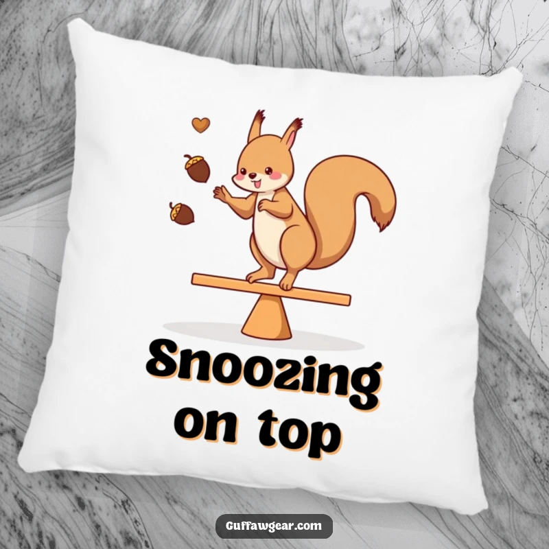 Funny decorative pillow with a squirrel juggling acorns while balancing on a teeter-totter, soft and plush for snuggling.