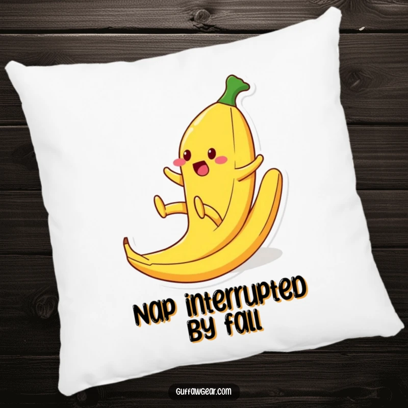Funny pillow with a food character comically slipping on a banana peel, legs waving, a soft and humorous addition to any cozy space.