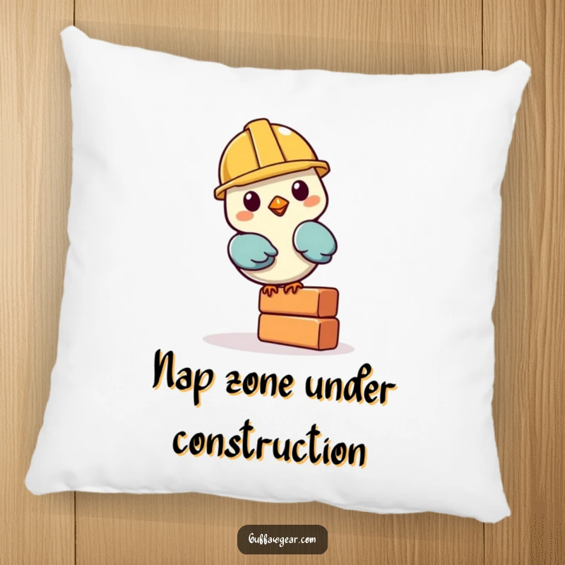 Funny Bird Construction Pillow: A bird wearing a miniature hard hat balances a brick, a soft and humorous decorative item.