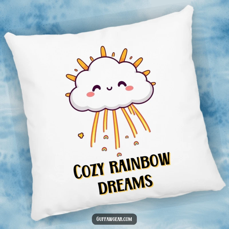 Funny Cloud Pillow: A happy cloud character raining tiny rainbows onto a grumpy sun, a humorous and cozy decor item.