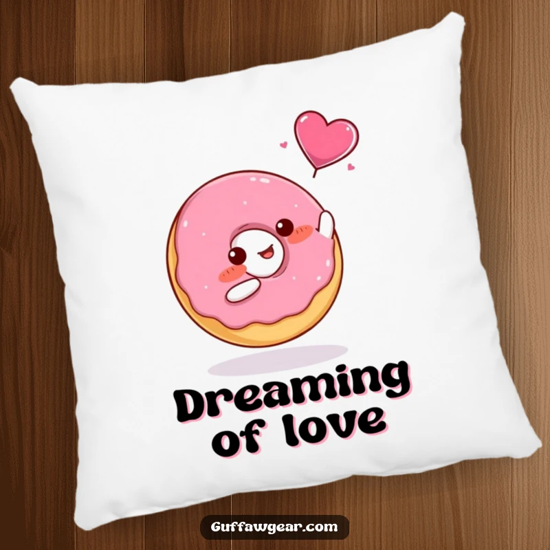Funny Pillow featuring a blushing donut catching a flying candy heart, a sweet accent piece.