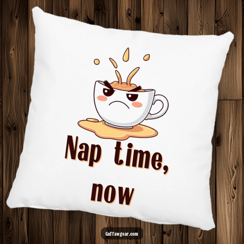 Funny Pillow featuring a grumpy teacup spilling its contents with a comical frown, perfect for a humorous accent.