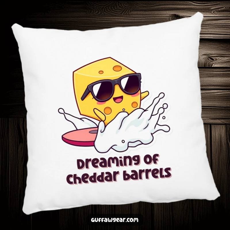 Funny Kawaii cheese surfer on a milk wave, a soft and humorous decorative pillow for couch or bed.