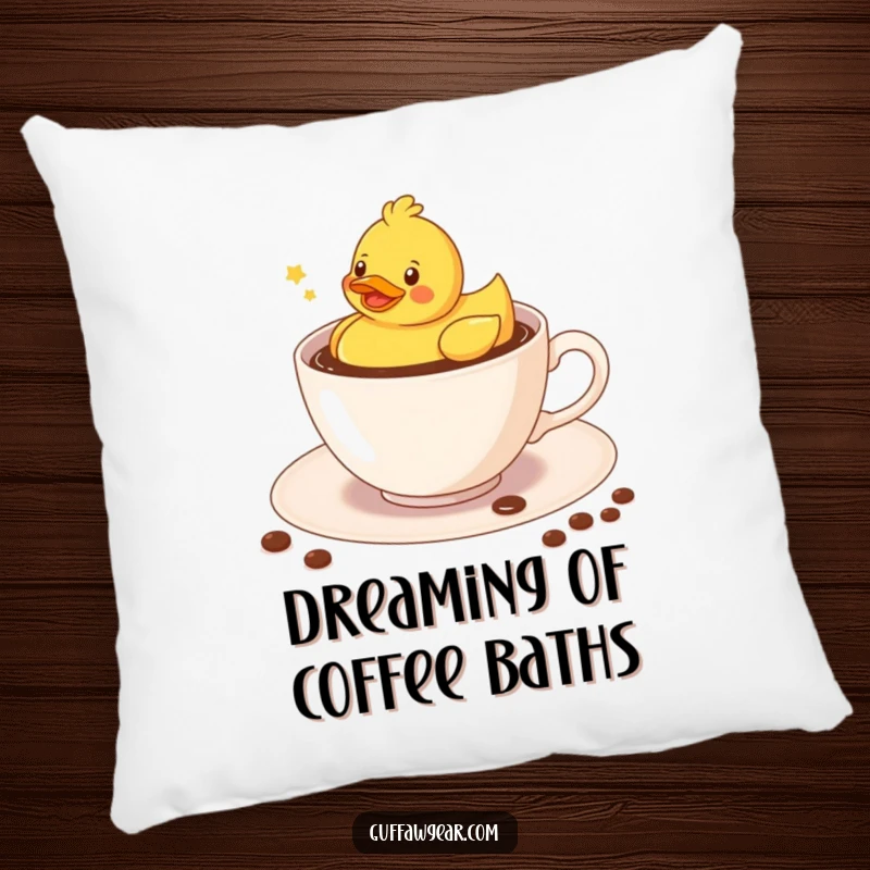 Funny Kawaii rubber duck floating merrily in a coffee-filled teacup, a soft and humorous decorative pillow.