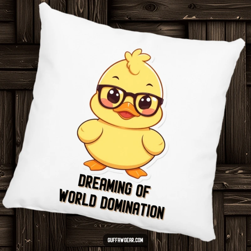 Funny pillow depicting a mischievous rubber duck wearing spectacles, plotting, offering soft comfort and intellectual humor.