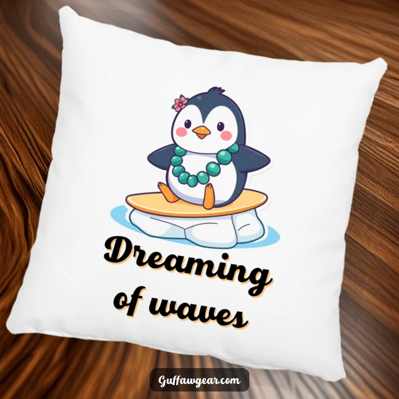 Funny Penguin Surf Pillow: A penguin with a lei comically slides down an ice floe, a soft and humorous decorative item.
