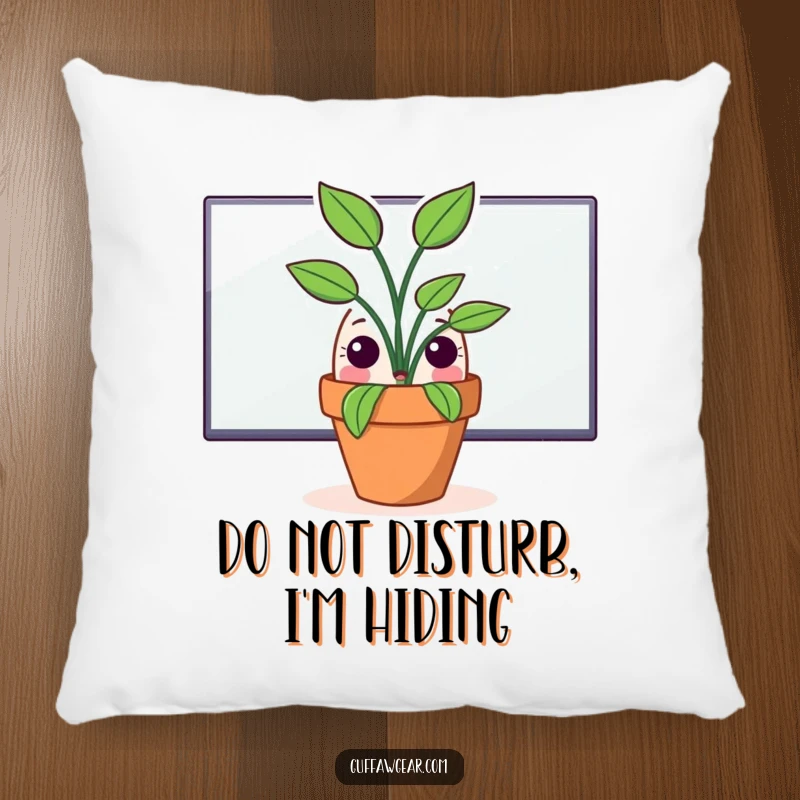 Funny pillow with a surprised potted plant peeking from behind a computer monitor, offering comfort and a touch of whimsical office humor.