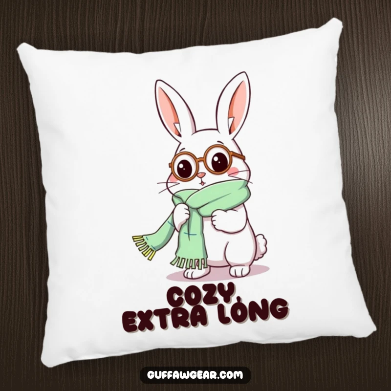Funny Rabbit Pillow: A distinguished rabbit wearing a monocle comically knits a scarf that is much too long.