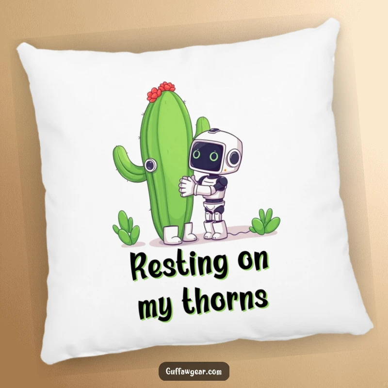Funny pillow showcasing a small robot's enthusiastic attempt to hug a huge cactus, a charmingly awkward and humorous scene.
