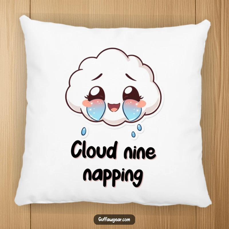 Funny cloud character crying large, sparkly tears of joy on a soft pillow, designed for comfort and happy vibes.