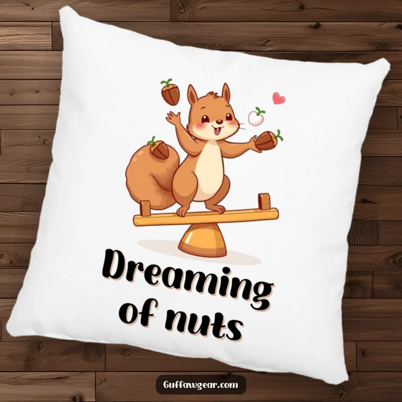 Funny pillow illustrating a squirrel juggling acorns while balancing on a seesaw, providing comfort and amusement.