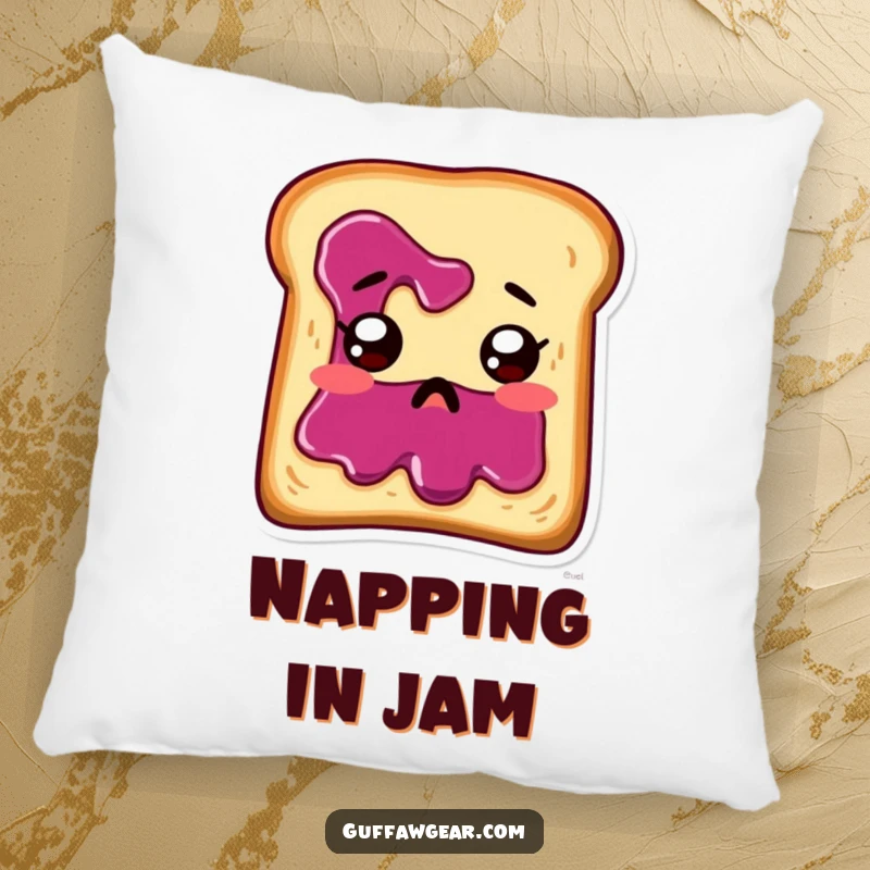 Funny toast with jam running down its face, looking startled, on a soft, plush pillow.
