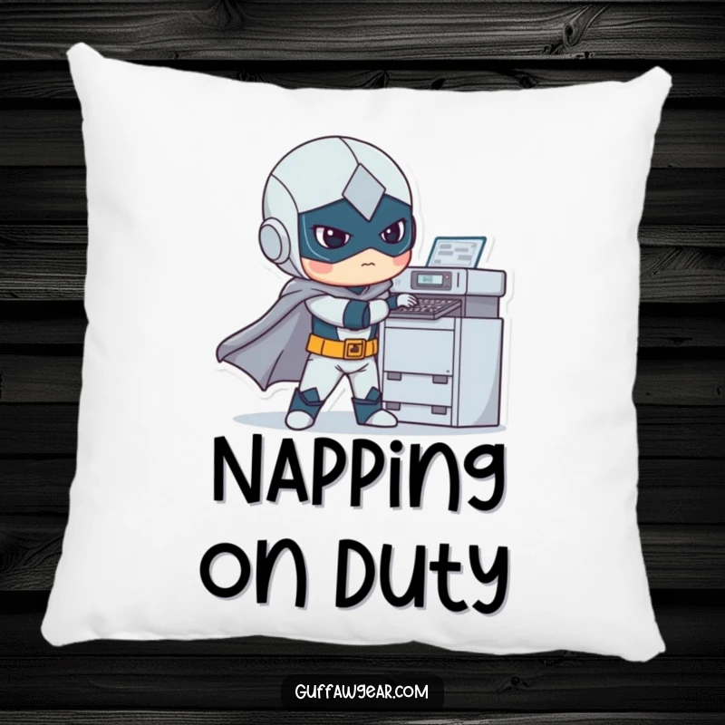 Funny pillow with a superhero awkwardly trying to fix a printer, a soft and humorous addition to any room.