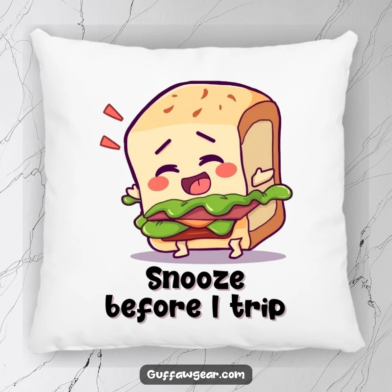 Funny pillow featuring a talking sandwich character tripping over its crust, offering soft comfort and food-themed humor.