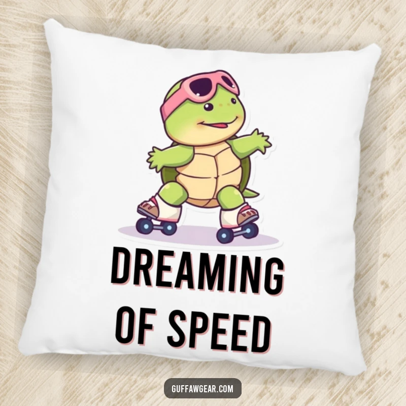 Funny Turtle Roller Skate Pillow: A turtle comically slides on roller skates, a soft and humorous decorative item.