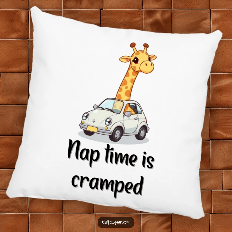 Funny pillow featuring a giraffe awkwardly attempting to fit into a small car, offering comfort and a humorous visual.