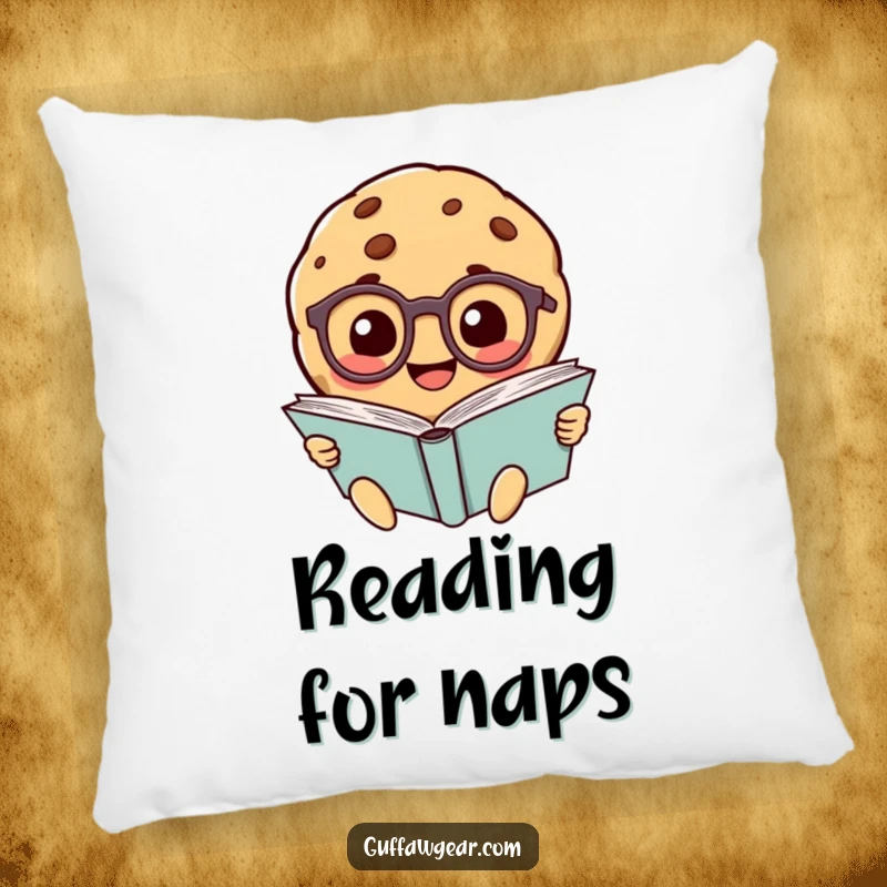 Funny smiling cookie character wearing tiny glasses, reading a giant book, printed on a plush pillow.