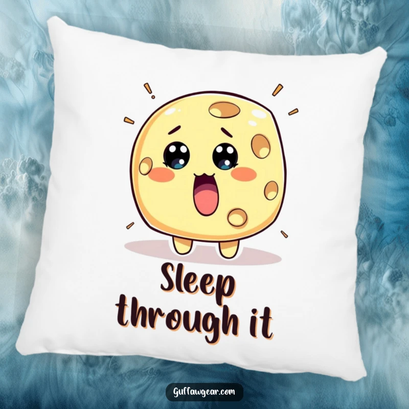 Funny Cheese Pillow: A surprised piece of cheese character with holes rapidly appearing, a humorous and cozy decor item.