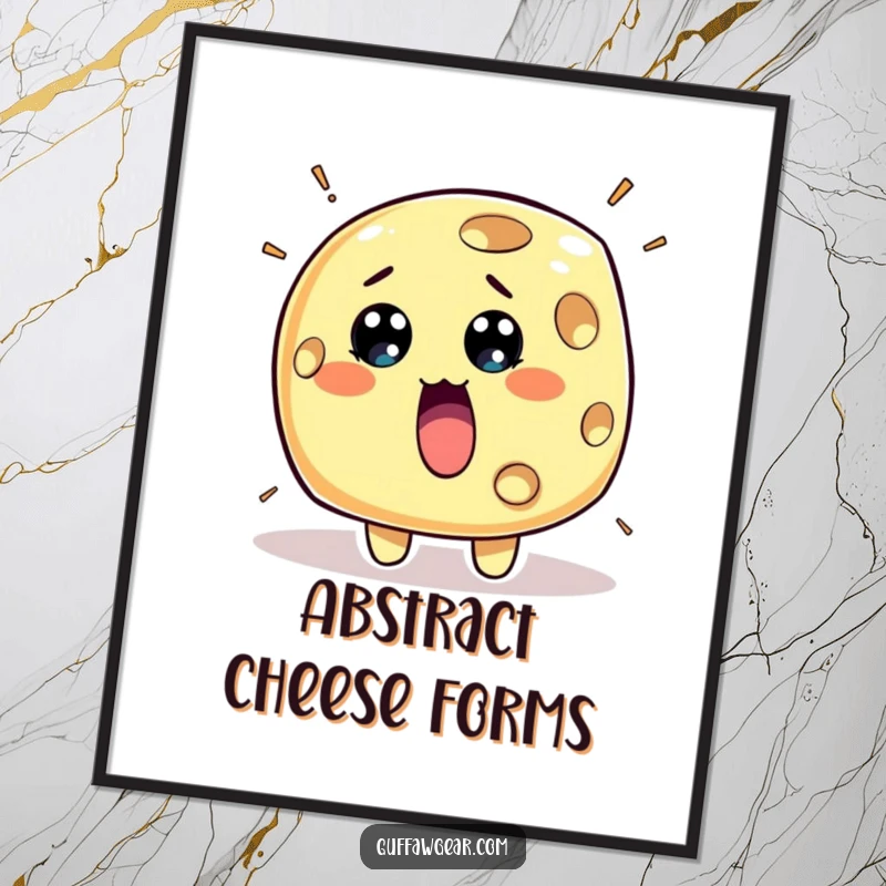 Funny Cheese Digital Art Print: A surprised piece of cheese character with holes rapidly appearing, adding cheesy humor digitally.