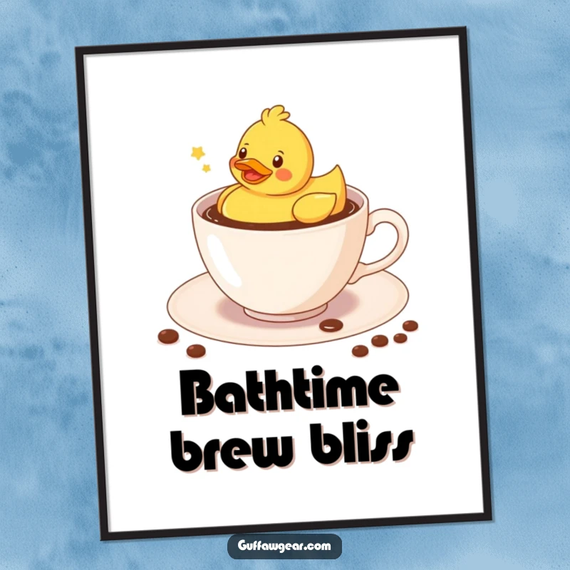 Funny Kawaii rubber duck floating merrily in a coffee-filled teacup, a humorous digital art file for instant download.